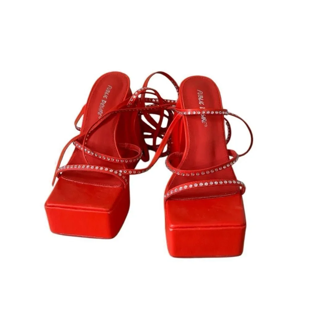 Dolls Kill Public Desire Women's Red Lace Up Rhinestone Platform Heels Size 7